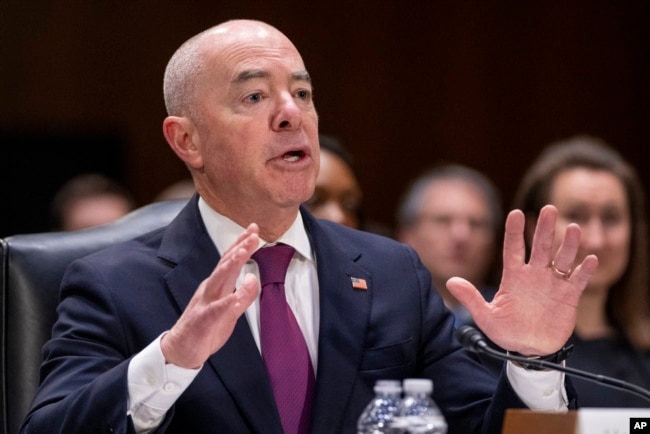 FILE - Homeland Security Secretary Alejandro Mayorkas testifies during a hearing of the Senate Appropriations Committee on Capitol Hill in Washington, Nov. 8, 2023.