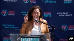 Vice President Kamala Harris gives remarks at the Women's March in Los Angeles, Apr. 15, 2023. 