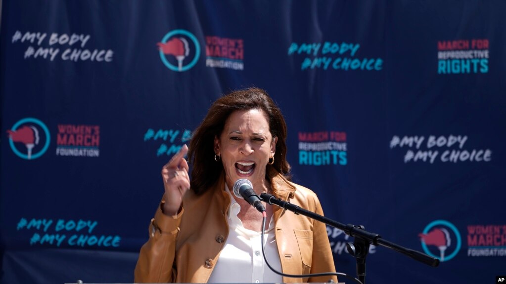 ARCHIVO - La vicepresidenta Kamala Harris da un discurso en la Marcha de las Mujeres en Los Ángeles, el 15 de abril de 2023.