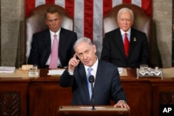 FILE - Perdana Menteri Israel Benjamin Netanyahu saat ia berpidato di depan pertemuan gabungan Kongres di Capitol Hill, Washington, 3 Maret 2015. (Andrew Harnik/AP)