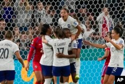 France's Kadidiatou Diani celebrates after scoring her side's third goal during the Women's World Cup Group F soccer match between France and Panama at the Sydney Football Stadium in Sydney, Australia, Aug. 2, 2023.