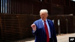 Republican presidential nominee former President Donald Trump speaks along the southern border with Mexico, in Sierra Vista, Arizona, Aug. 22, 2024.