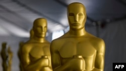 Photograph of Oscar statues taken on March 9 during preparations for the 95th Oscars Academy Awards, Hollywood, California.