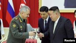 FILE - Russia's Defense Minister Sergei Shoigu attends a reception for the Russian military delegation hosted by North Korean leader Kim Jong Un in Pyongyang, North Korea, July 27, 2023. (KCNA via REUTERS)