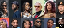 This combination of photos shows, top row from left, 2 Chainz, 6lack, BIA, Diplo, Doechii, and DJ Drama, bottom row from left, Flo Milli, French Montana, JT, Killer Mike, King Combs and Shaq.