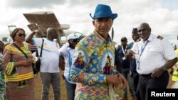 FILE - Congolese Presidential candidate Moise Katumbi arrives at the Beni airport after holding a campaign rally in the town of Butembo, North Kivu province, Democratic Republic of Congo, Nov. 26, 2023. 
