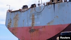 Decaying vessel FSO Safer is moored off the coast of Ras Issa, Yemen, prior to the start of an operation led by the United Nations to unload it to avoid an oil spill in the Red Sea, May 30, 2023.