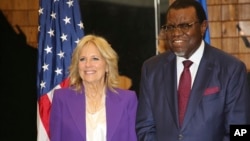 U.S. first lady Jill Biden, left, with Namibian President Hage Geingob at the State House in Windhoek Namibia, Feb. 22, 2023.