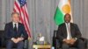 US Secretary of State Antony Blinken, left, meets with Nigerien Foreign Minister Hassoumi Massoudou at the Diori Hamani International Airport in Niamey, Niger, on March 16, 2023.