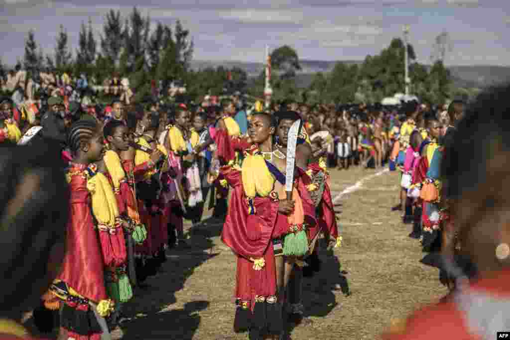 Swati maidens gather during the 2023 Umhlanga Reed Dance ceremony at the Mbangweni Royal Residence in Mbangweni, Eswatini, Oct. 14, 2023.