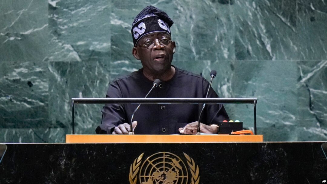 FILE - Bola Ahmed Tinubu, president of Nigeria, addresses the 78th session of the United Nations General Assembly, Sept. 19, 2023 at UN headquarters. 