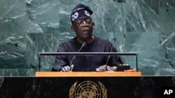 FILE - Bola Ahmed Tinubu, president of Nigeria, addresses the 78th session of the United Nations General Assembly, Sept. 19, 2023 at UN headquarters. 