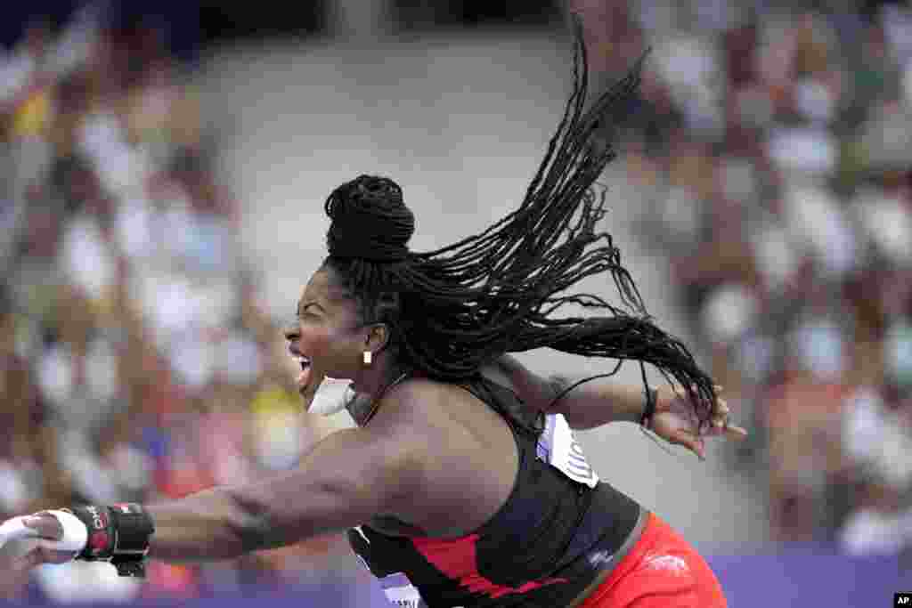 Portious Warren of Trinidad and Tobago competes during the women&#39;s shot put qualification at the 2024 Summer Olympics in Saint-Denis, France.