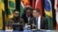 Barbados Prime Minister Mia Mottley, center, talks to Guyana's President Irfaan Ali, left, and Jamaica's Prime Minister Andrew Holness during an emergency Caribbean Community bloc meeting on Haiti in Kingston, Jamaica, on March 11, 2024.