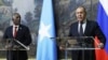 Russian Foreign Minister Sergey Lavrov, right, and Somali Foreign Minister Abshir Omar Jama attend a joint press conference following their talks in Moscow, May 26, 2023. 
