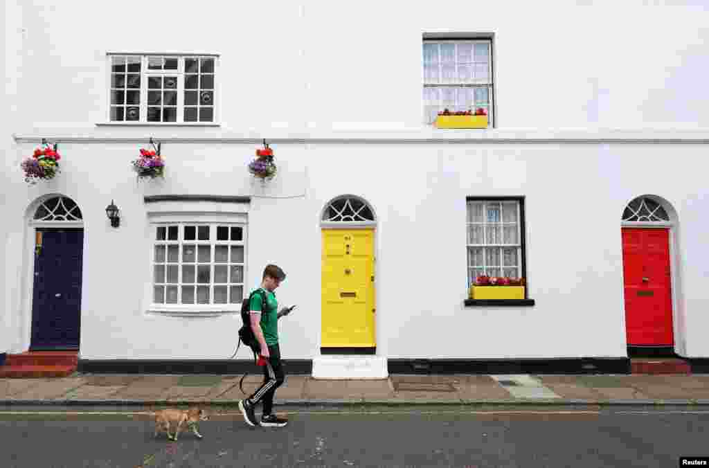 A man walks a dog past house doors painted blue, yellow and red, ahead of Britain&#39;s July 4 general election, in Isleworth, London.