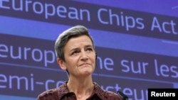 FILE - European Commission Vice President Margrethe Vestager holds a news conference on a plan to boost the chip industry, in Brussels, Belgium, Feb. 8, 2022. REUTERS/Yves Herman/File Photo
