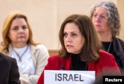 FILE - Israel's Ambassador to the United Nations Merav Elon Shahal speaks at the Human Rights Council in Geneva, Switzerland, February 29, 2024.