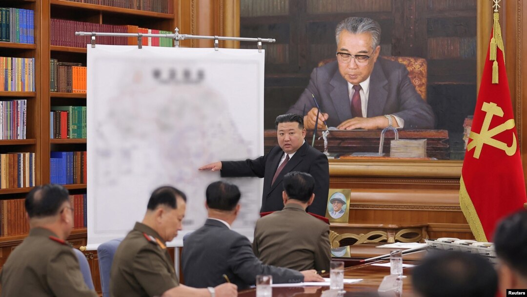North Korean leader Kim Jong Un attends the 7th enlarged meeting of the 8th Central Military Commission of the Workers' Party of Korea, in Pyongyang, North Korea, Aug.9, 2023. (KCNA via Reuters)