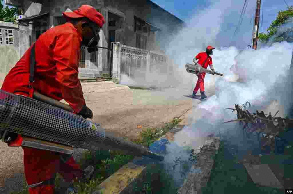 Para petugas menyemprotkan insektisida menggunakan mesin pengasapan untuk membunuh nyamuk penyebar demam berdarah di Banda Aceh, Indonesia. (Chaidiri Mahyuddin/AFP)&nbsp;