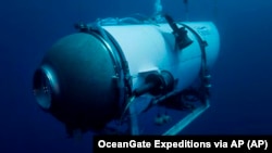 FILE - This undated photo provided by OceanGate Expeditions in June 2021 shows the company's Titan submersible, the vessel that went missing en route to see the wreck of the Titanic. Five people were aboard. (OceanGate Expeditions via AP)