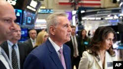 Speaker of the House Kevin McCarthy walks the floor at the New York Stock Exchange in New York, April 17, 2023.
