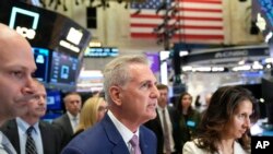 Speaker of the House Kevin McCarthy walks the floor at the New York Stock Exchange in New York, April 17, 2023.