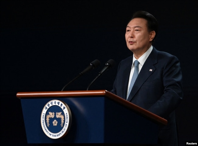 FILE - South Korean President Yoon Suk Yeol speaks during a ceremony for the 3rd Summit for Democracy in Seoul, South Korea 18 March 2024. (KIM MIN-HEE/Pool via REUTERS)