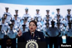 Honduras President Xiomara Castro delivers a speech during a ceremony to mark the anniversary of the Honduran Air Force at the Hernan Acosta Air Base in Tegucigalpa, Honduras, April 21, 2023.