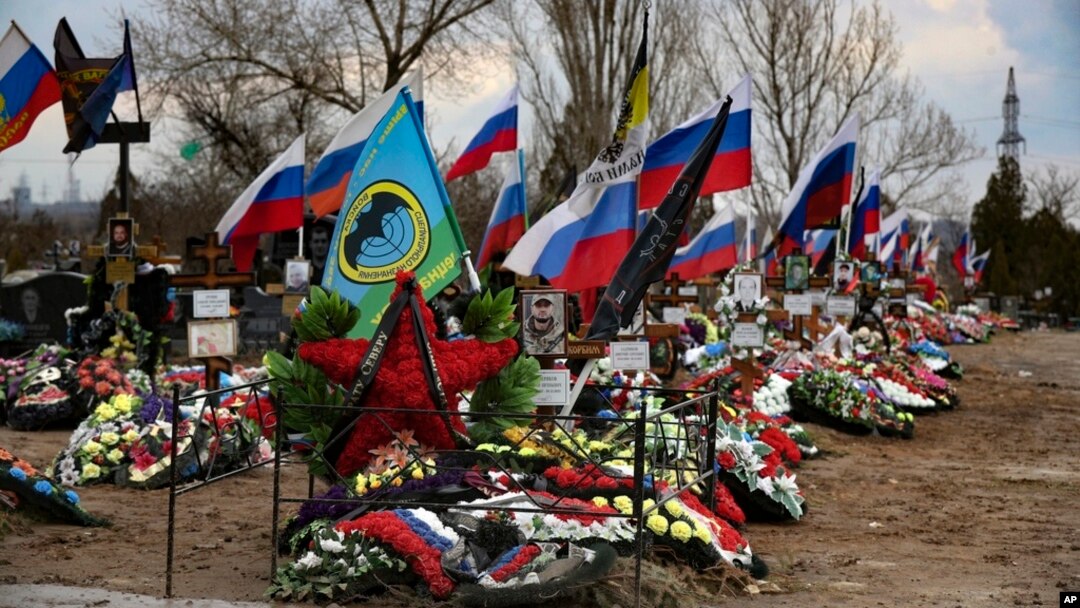 Graves of Russian servicemen killed in Ukraine in a cemetery in Russia’s Volgograd region on March 30, 2024.