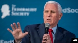 Former Vice President Mike Pence speaks in Washington, April 25, 2023. In response to former U.S. President Donald Trump's indictment on charges for working to overturn his 2020 election loss, Pence said "anyone who puts himself over the Constitution should never be president."