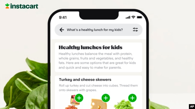 This illustration from Instacart shows the app which adds ChatGPT to answer customers' food questions. (Instacart, Inc. via AP)