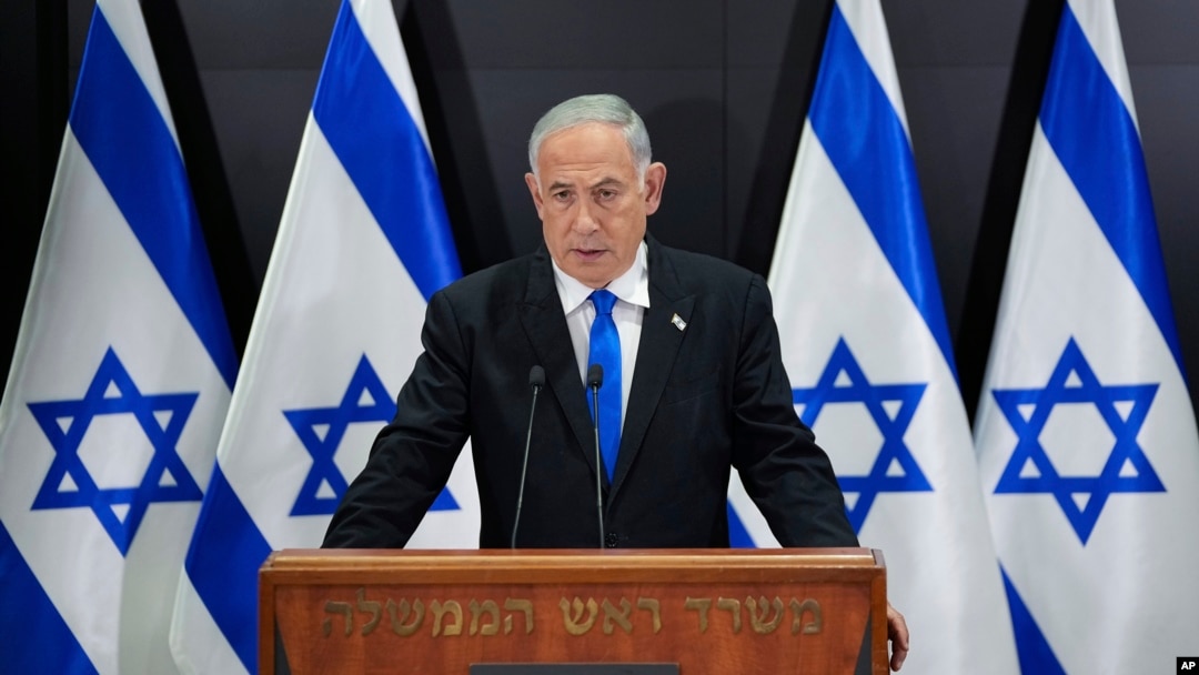 Israeli Prime Minister Benjamin Netanyahu speaks to the media during a press conference, in Tel Aviv, Israel, April 10, 2023.