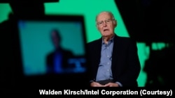 Gordon Moore, co-founder of Intel Corporation, is interviewed in 2015 during 50th anniversary ceremonies of Moore's Law. Moore co-founded Intel Corporation in July 1968 and served the company in several roles, including chairman of the board. 