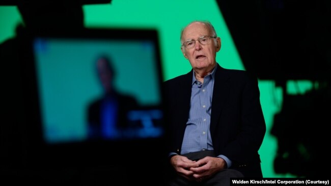Gordon Moore, co-founder of Intel Corporation, is interviewed in 2015 during 50th anniversary ceremonies of Moore's Law. Moore co-founded Intel Corporation in July 1968 and served the company in several roles, including chairman of the board.