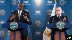 Defense Secretary Lloyd Austin and Joint Chiefs Chairman Gen. Mark Milley hold a press briefing at the Pentagon, May 25, 2023 in Washington. 