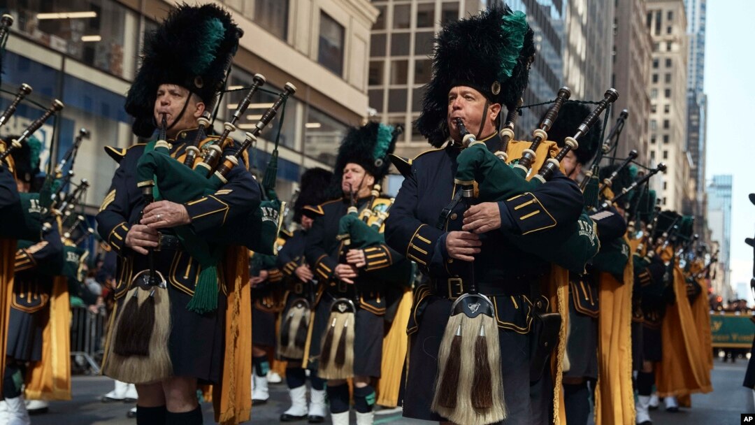 Bagpipers march along Fifth Avenue during the St. Patrick's Day Parade, March 16, 2024, in New York.