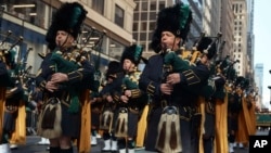 Bagpipers march along Fifth Avenue during the St. Patrick's Day Parade in New York on March 16, 2024.