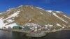 Drone photo of the city of Diomede, located on the west coast of Little Diomede Island in the Behring Strait, is the most remote community in the U.S. 