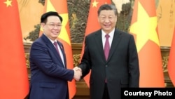 Chủ tịch Quốc hội Việt Nam Vương Đình Huệ (trái) gặp Chủ tịch Trung Quốc Tập Cận Bình tại Đại lễ đường Nhân dân ở Bắc Kinh,Trung Quốc, ngày 8/4/2024. [Photo: Quốc vụ viện Trung Quốc/Xinhua]