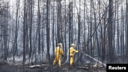 Annapolis Royal, Nova Scotia, firefighters spray hot spots while tackling wildfires in Shelburne County, Nova Scotia, June 3, 2023. (Communications Nova Scotia/Handout via Reuters)