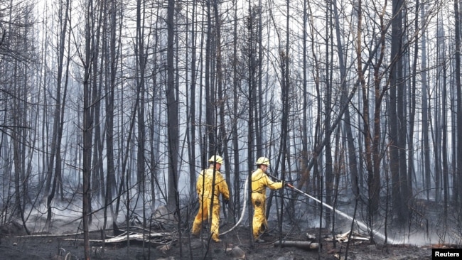 Annapolis Royal, Nova Scotia, firefighters spray hot spots while tackling wildfires in Shelburne County, Nova Scotia, June 3, 2023. (Communications Nova Scotia/Handout via Reuters)