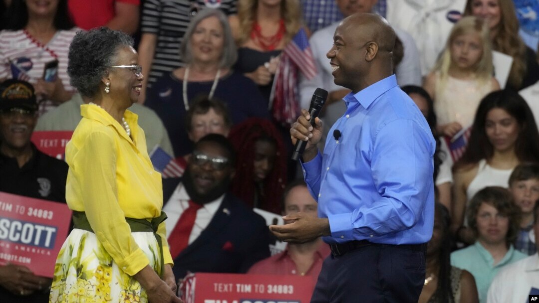 Tim Scott, a Republican senator from South Carolina, welcomes his mother, Frances Scott, on stage as he gives remarks at his presidential campaign announcement event at Charleston Southern University, on May 22, 2023, in North Charleston, S.C. 