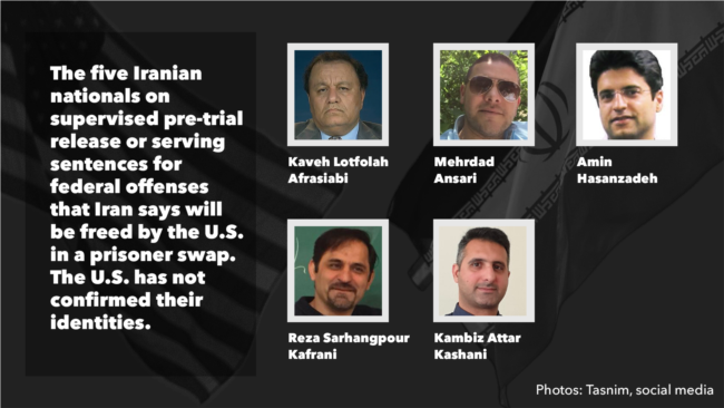 The five Iranian nationals that Iran says will be freed by the U.S.