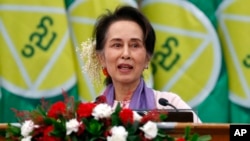 FILE - Myanmar's then-leader Aung San Suu Kyi delivers a speech in Naypyitaw, Myanmar, on Jan. 28, 2020. Suu Kyi's son reports she is in deteriorating health in prison, where she is serving a 27-year sentence. 