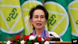 FILE - Myanmar's then-leader Aung San Suu Kyi delivers a speech in Naypyitaw, Myanmar, on Jan. 28, 2020. 
