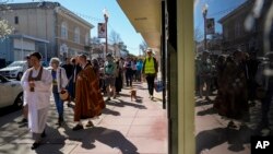 Buddhist faith leaders and community members participate in a "May We Gather" pilgrimage in Antioch, California, March 16, 2024. The event aimed to heal racial trauma caused by anti-Chinese discrimination in Antioch in the 1870s.