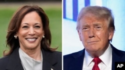 FILE - Wakil Presiden Kamala Harris di Gedung Putih, Washington, 22 Juli 2024 (kiri) dan calon presiden dari Partai Republik, mantan Presiden Donald Trump, di sebuah acara di West Palm Beach, Florida, 26 Juli 2024. (AP)