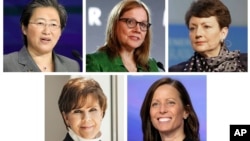 Lima CEO perempuan dengan gaji tertinggi dalam indeks saham S&P 500. Dari kiri atas, Lisa Su (Advanced Micro Devices), Mary Barra (General Motors), Lynn Good (Duke Energy). Kiri bawah, Phebe Novakovic (General Dynamics), Adena Friedman (Nasdaq). (AP)