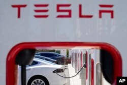 File - Kendaraan Tesla mengisi daya di sebuah stasiun di Emeryville, California, Rabu, 10 Agustus 2022. (AP/Godofredo A. Vásquez)